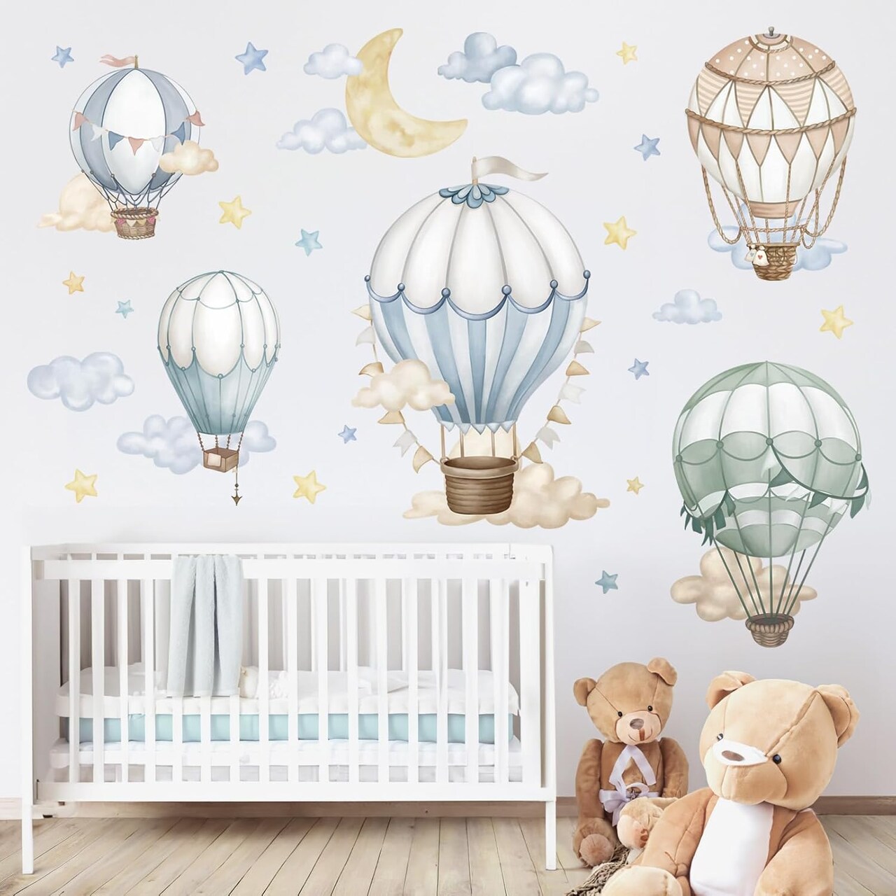 Watercolor Hot Air Balloon Wall Stickers Star Moon Cloud Balloons Pee (Multi)